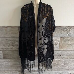 Toujours Elegant Burnout Velvet & Silk Fringe Shawl Scarf Black Gold Floral